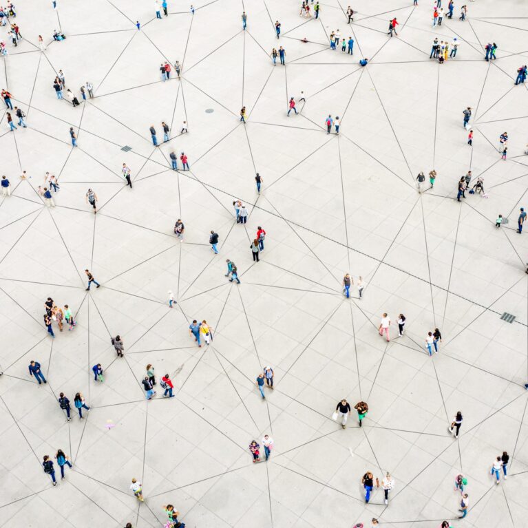 Aerial view of crowd connected by lines